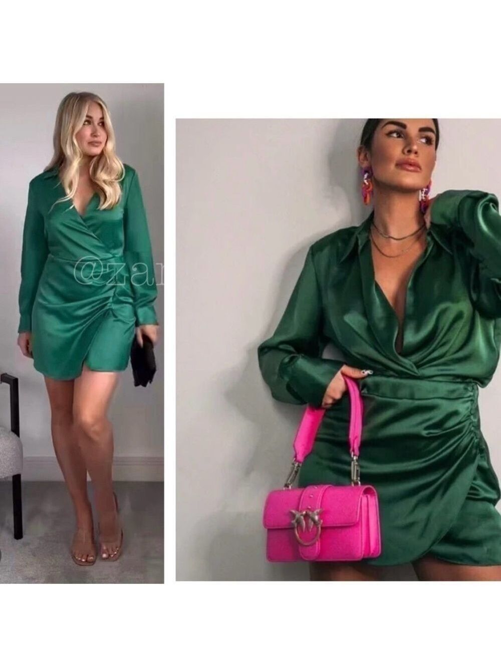 Zara green satin effect long sleeve mini wrap shirt dress Sz S NWOT